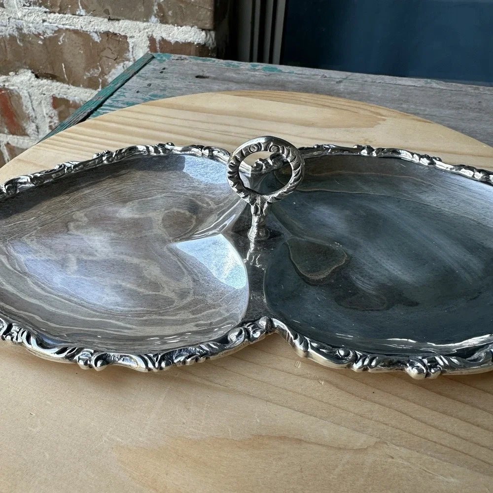 Vintage Jose Marmolejo‎ Double Heart Dish 11.5 Inch Mexico 925 Sterling 309.5g
